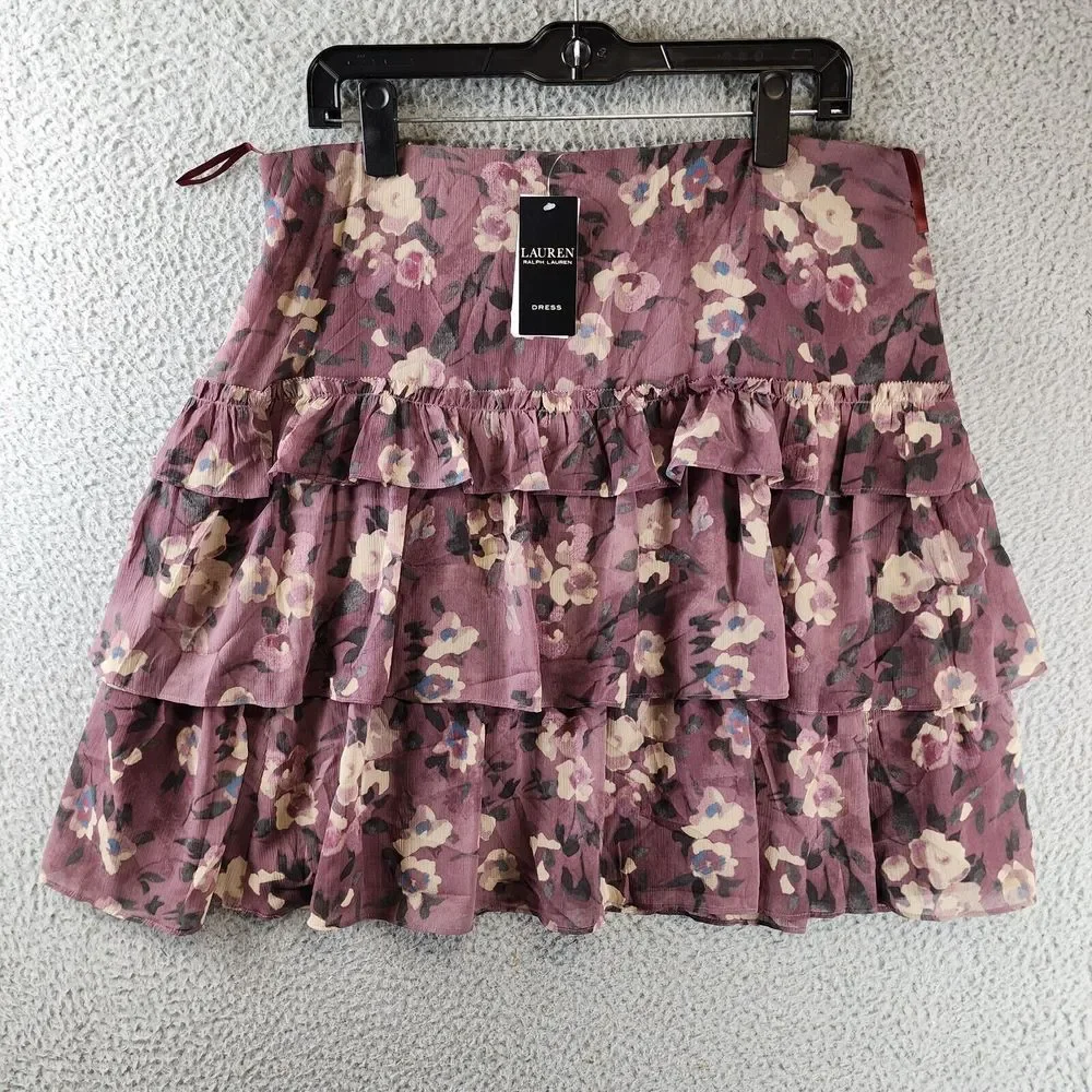 Lauren Ralph Lauren Ruffled Tiered Skirt Women's 14 Purple Multi Zip Closure~ - Picture 1 of 13